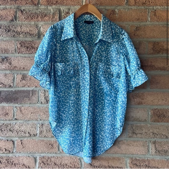 ATELIER INDUSTAIE | Blue floral pocket ruffle puff shirt sleeve button up shirt - Picture 2 of 13